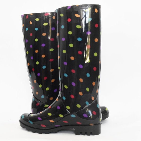 Arizona Jean Mulitcolor Black & Rainbow Polka-Dot Rain Boots Size 7 -AZ Winston- - Picture 7 of 10